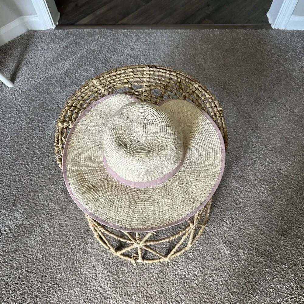 Saks Fifth Avenue Cream Beige Wide Brim Sun Beach Hat Boho Dusty Pink Packable